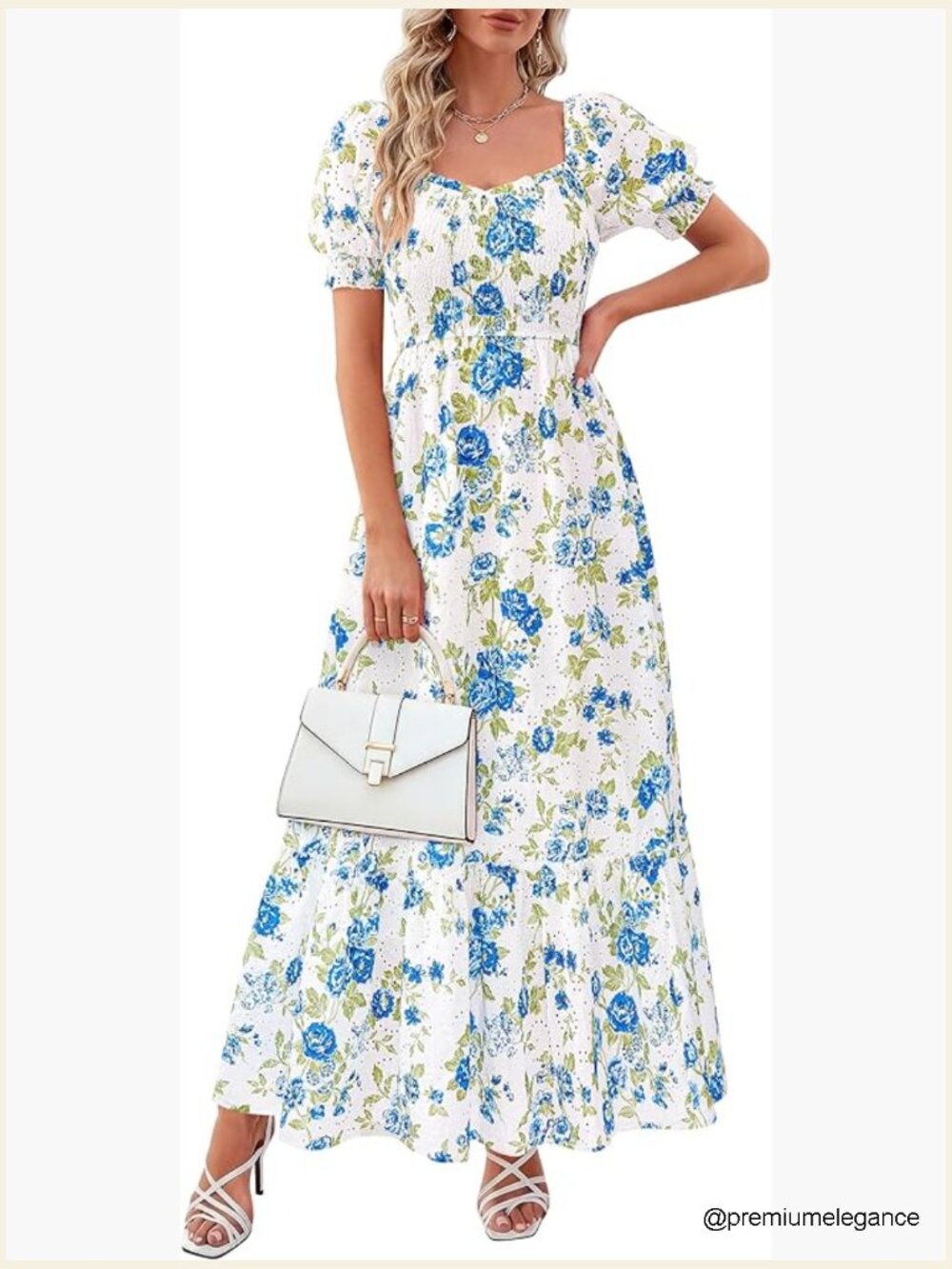 Boho Floral Smocked Maxi Dress with Pockets Flowy A-Line